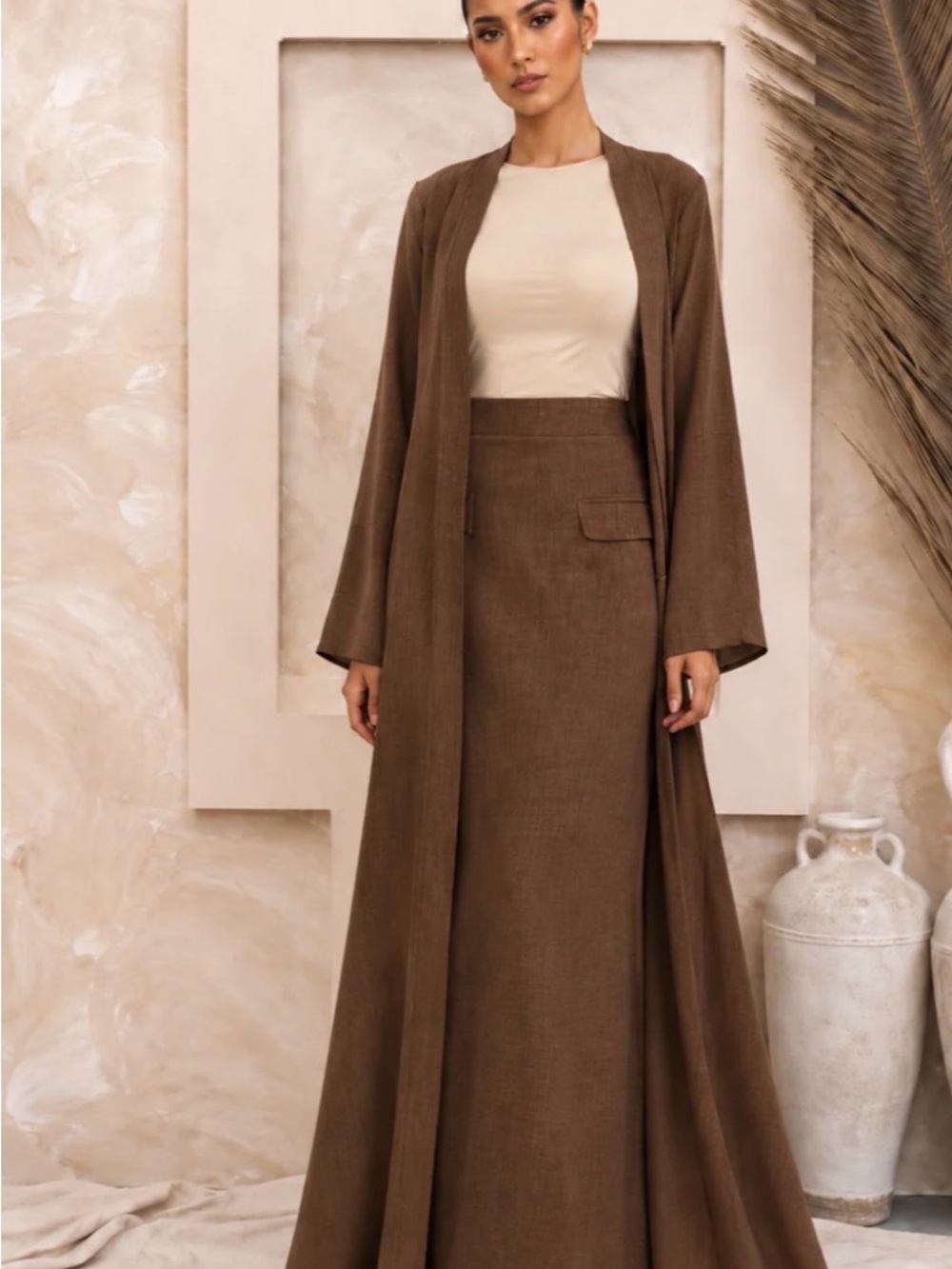 Women's Brown Maxi Skirt and Duster Set